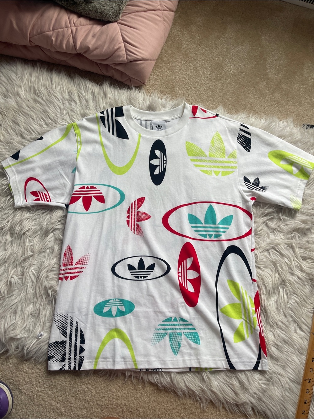 adidas White Graphic Trefoil Short Sleeve Tee with Multicolor Logos